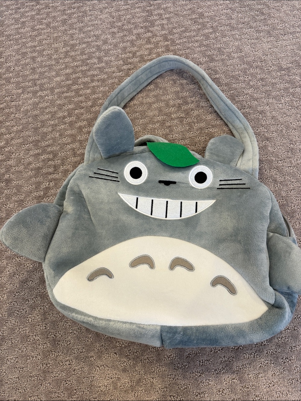 Gray Totoro-Inspired Plush Kids Handbag with Green Leaf Accent